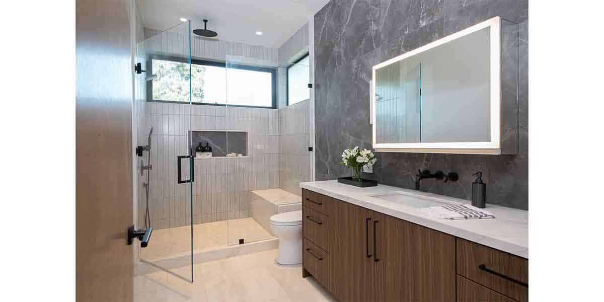 Elegant bathroom featuring contemporary fixtures and a spacious walk-in shower.