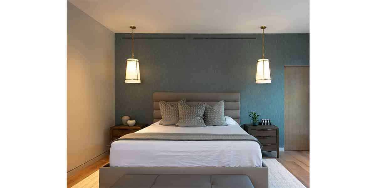 Contemporary bedroom design with elegant furniture and soft lighting.