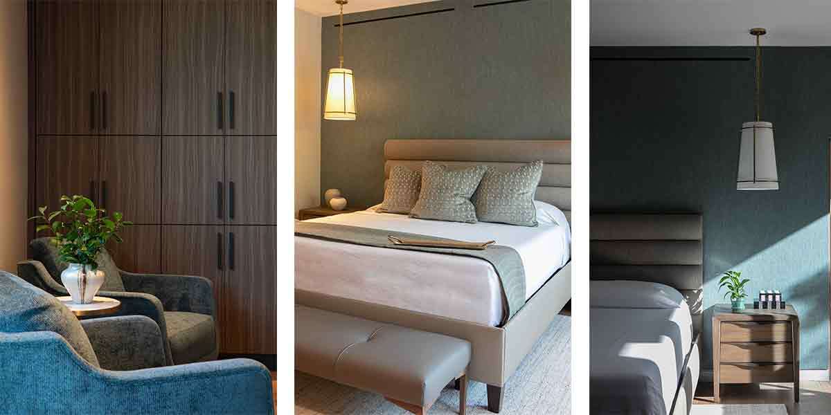 Elegant bedroom with modern furniture, soft lighting, and stylish decor elements.
