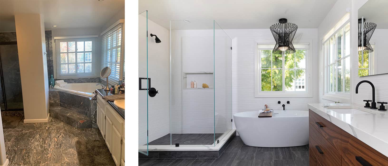 Modern white bathroom with bathtub and walk-in shower, bright natural light, and stylish black fixtures. Bright white bathroom with bathtub and walk-in shower, featuring black fixtures and large windows fo.