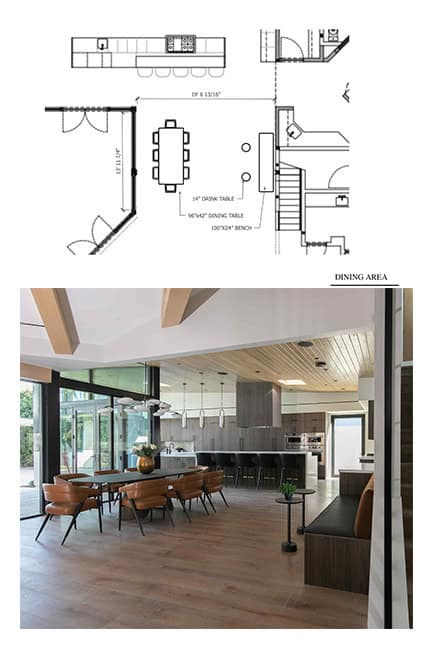 Modern Dining Room Interior Design with Open Layout and Natural Light Contemporary dining area featuring large windows, stylish furniture, and a seamless open-plan kitche.